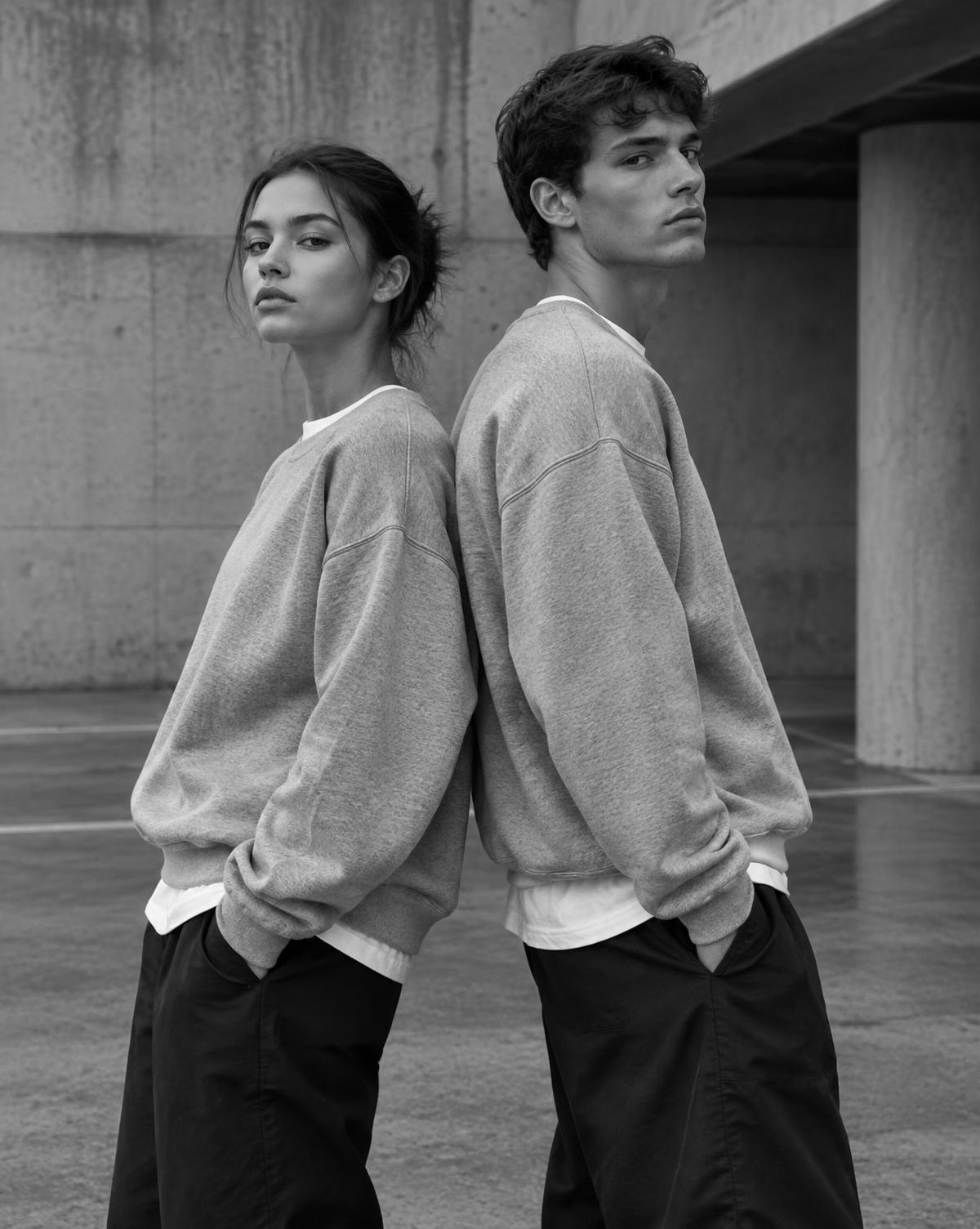 Dwoje modeli w szarych bluzach blank